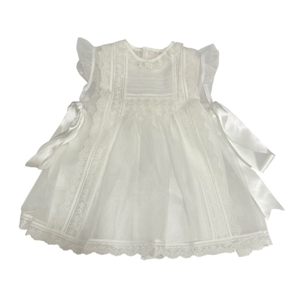 Addison Luxe White Handsmocked Dress with ivory lace detailing and coordinating bonnet