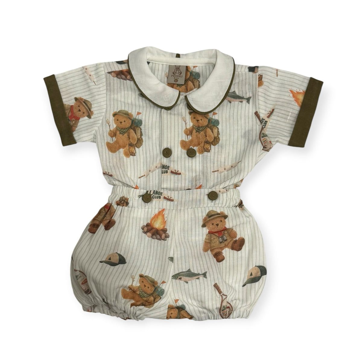 Let's Go Camping Bears Boy 2-Piece Set with camping bear print and green trim