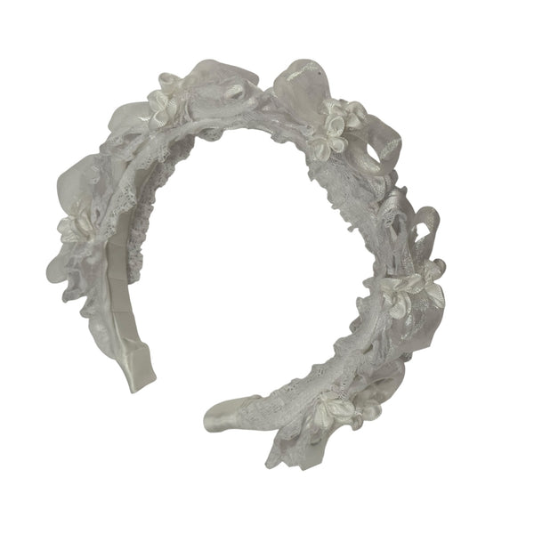 Pauli Organza White Handmade Flowers Headband with layered white handcrafted flowers