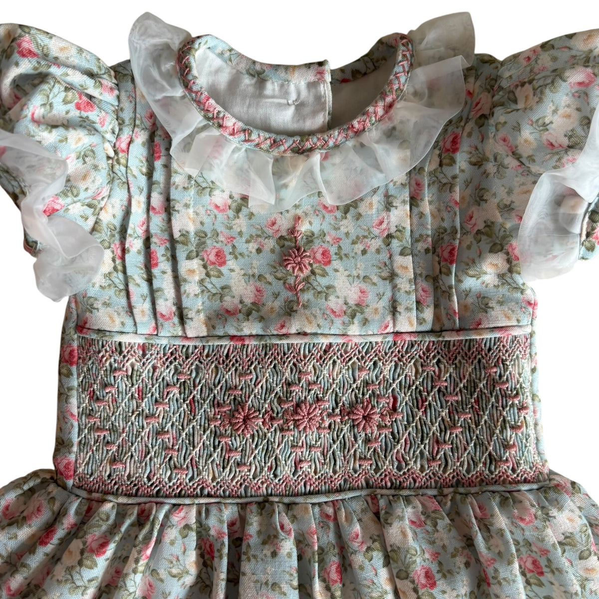 Close-up of ruffled sleeves and smocking on Nancy Vintage Shabby Chic Roses Dress