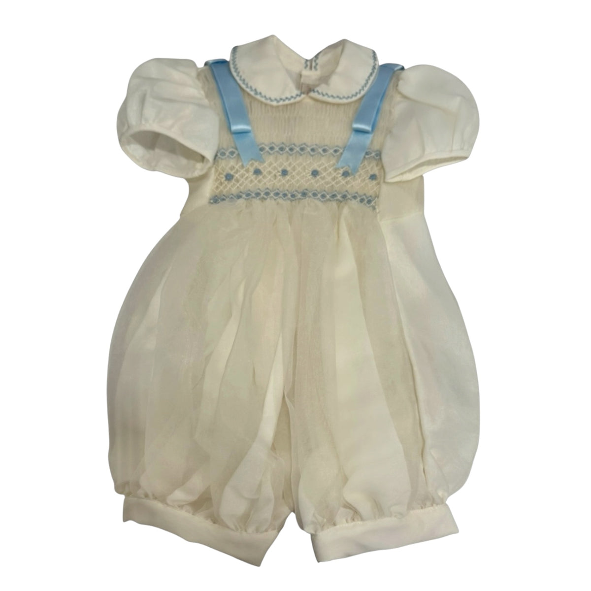 Humbert Boy Handsmocked Romper in ivory with light blue detailing and rounded collar