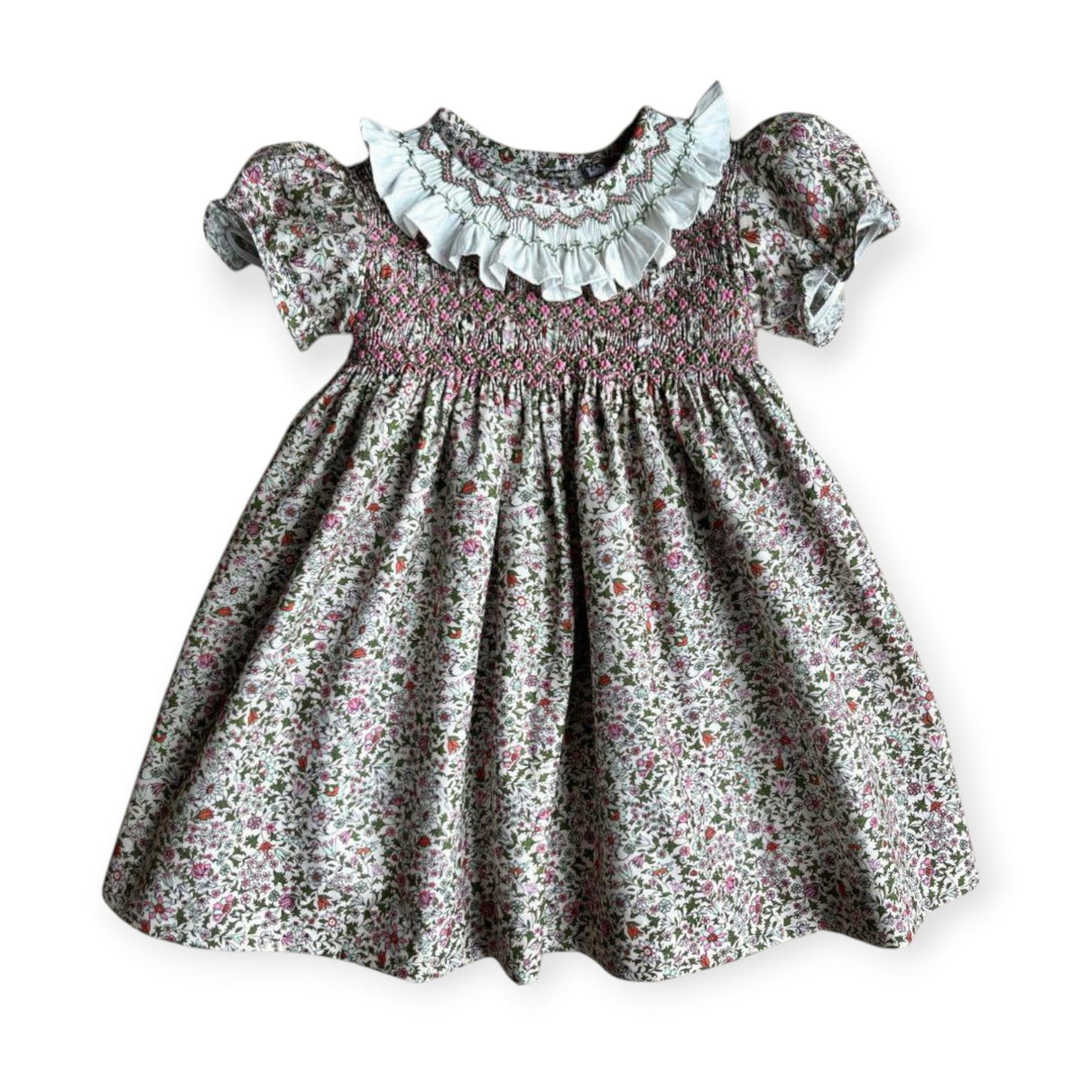 Giselle Florals Handsmocked Girl Dress with floral print, ruffled collar and smocked bodice