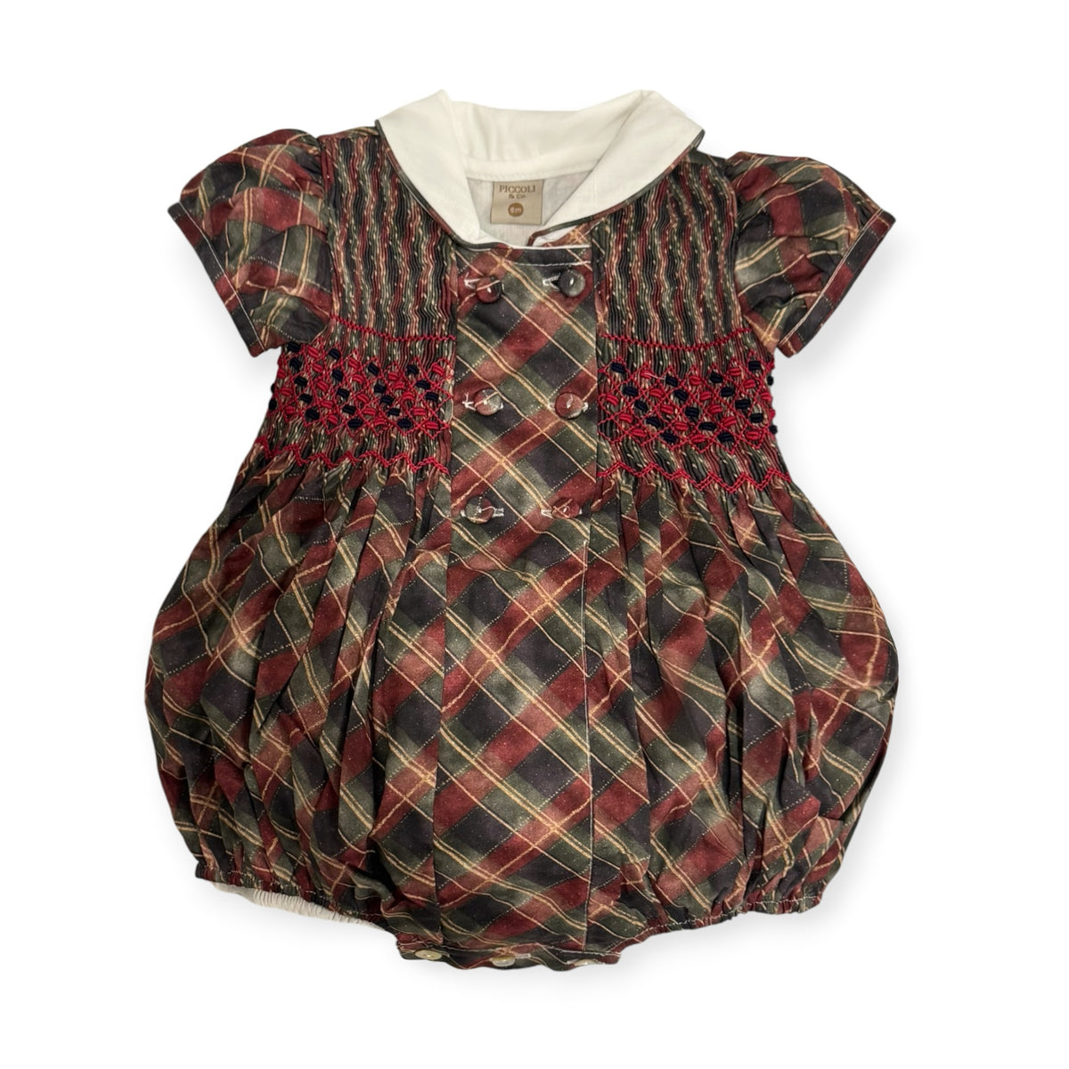 Tartan Luxe Boy Christmas Handsmocked Romper with tartan pattern and contrasting collar