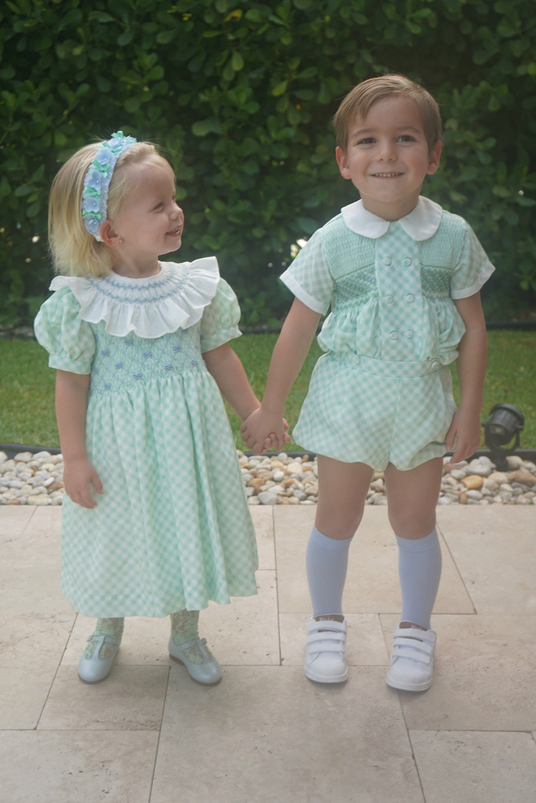 Children wearing coordinating Joe Green Gingham outfits