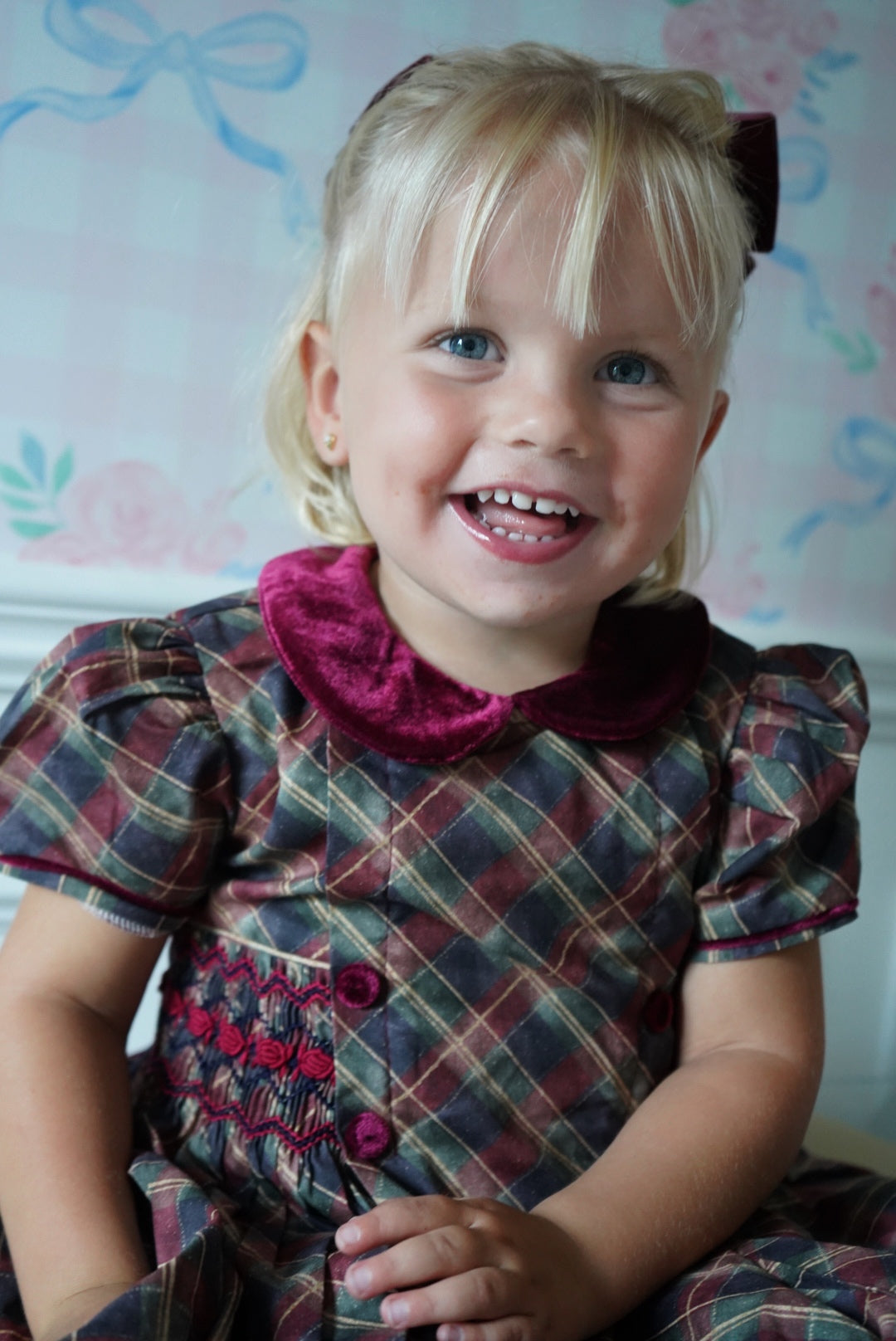 Girl wearing Tartan Luxe Handsmocked Christmas Dress 3