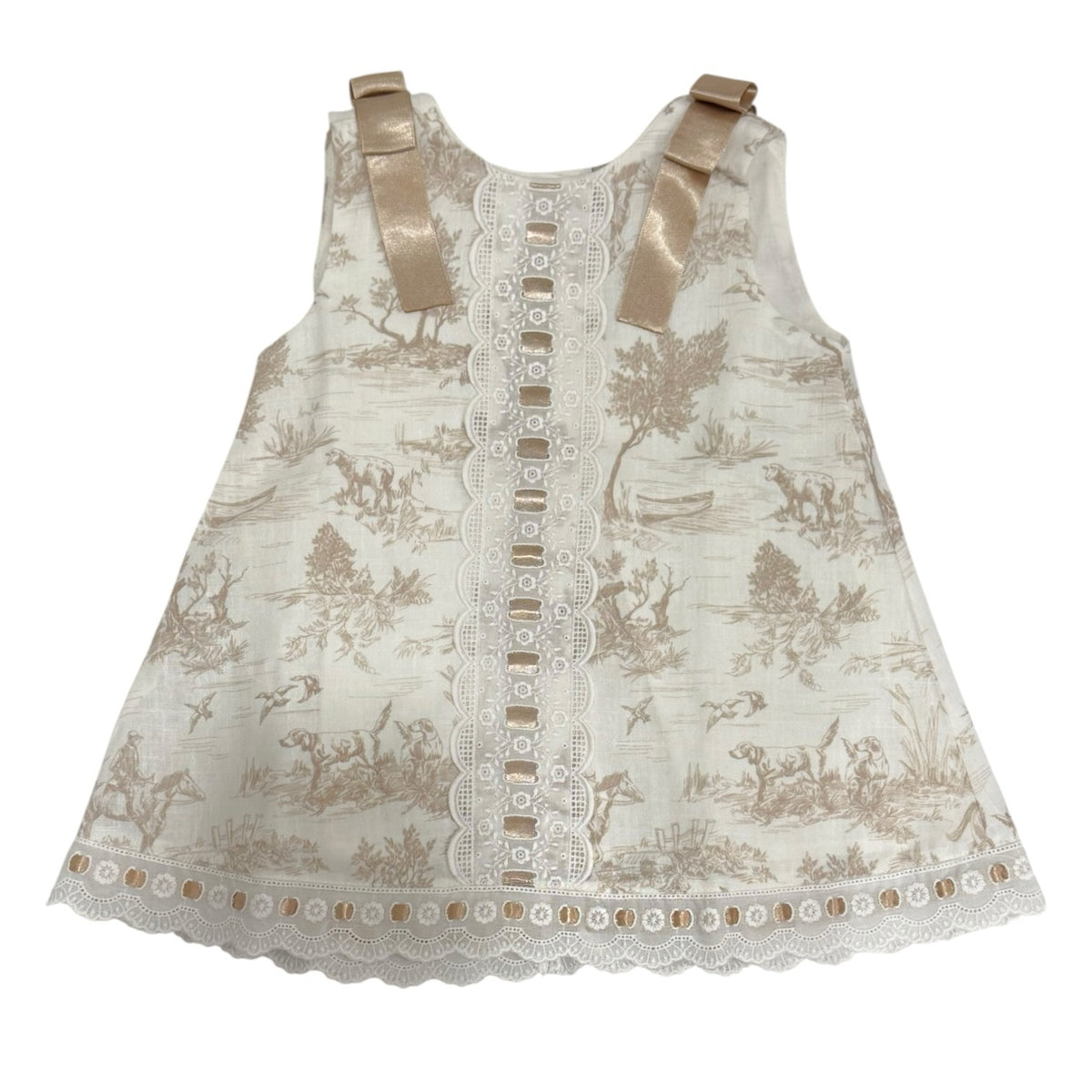 TPWC Toile Beige Ribbon Dress in beige toile print with satin shoulder bows and ivory lace trim
