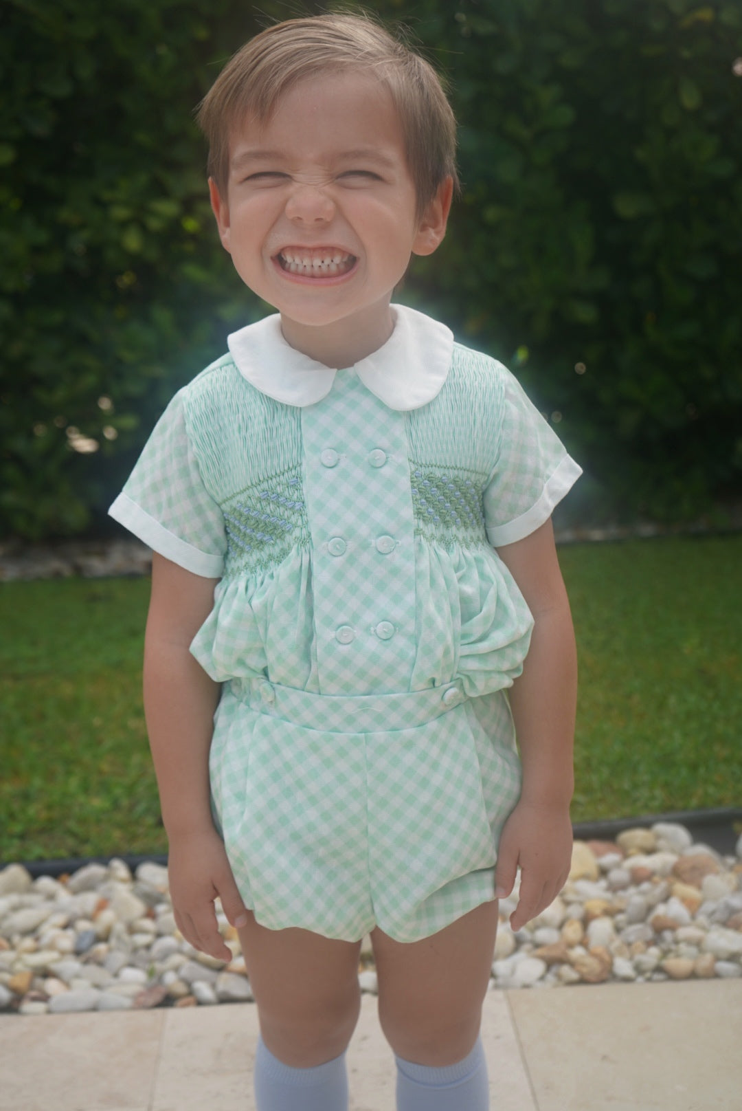 Boy wearing Joe Green and Blue Gingham Handsmocked Set