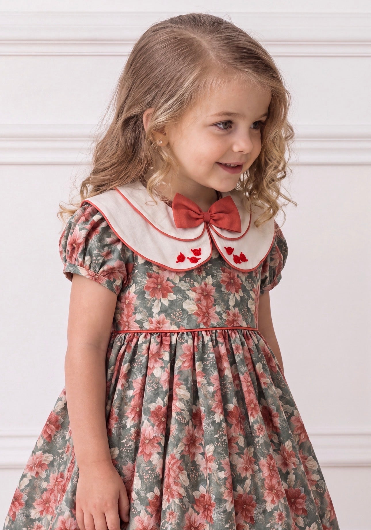 Girl wearing Christmas Florals Statement Collar Dress