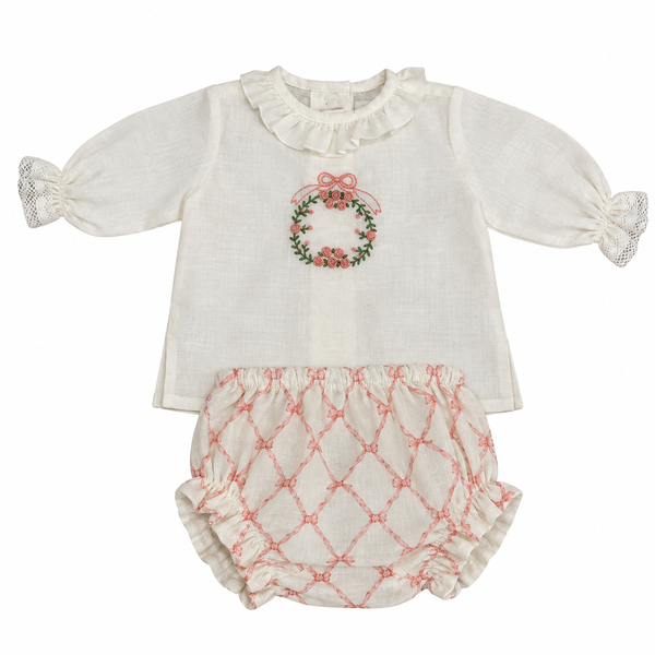 Stella Bow Pink Initial 2-Piece Handembroidered Set