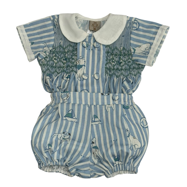 Dog Lover Blue Sailing Handsmocked 2-Piece Shorts Set