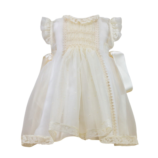 Emma Luxe Ivory Handsmocked Dress with lace detailing and satin bows