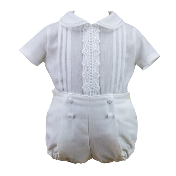 Antonio Boys Off White 2-Piece Set with pleated Peter Pan collar shirt and shorts