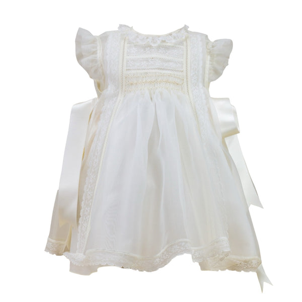 Regina Luxe Ivory Handsmocked Dress with lace detailing and satin side bows