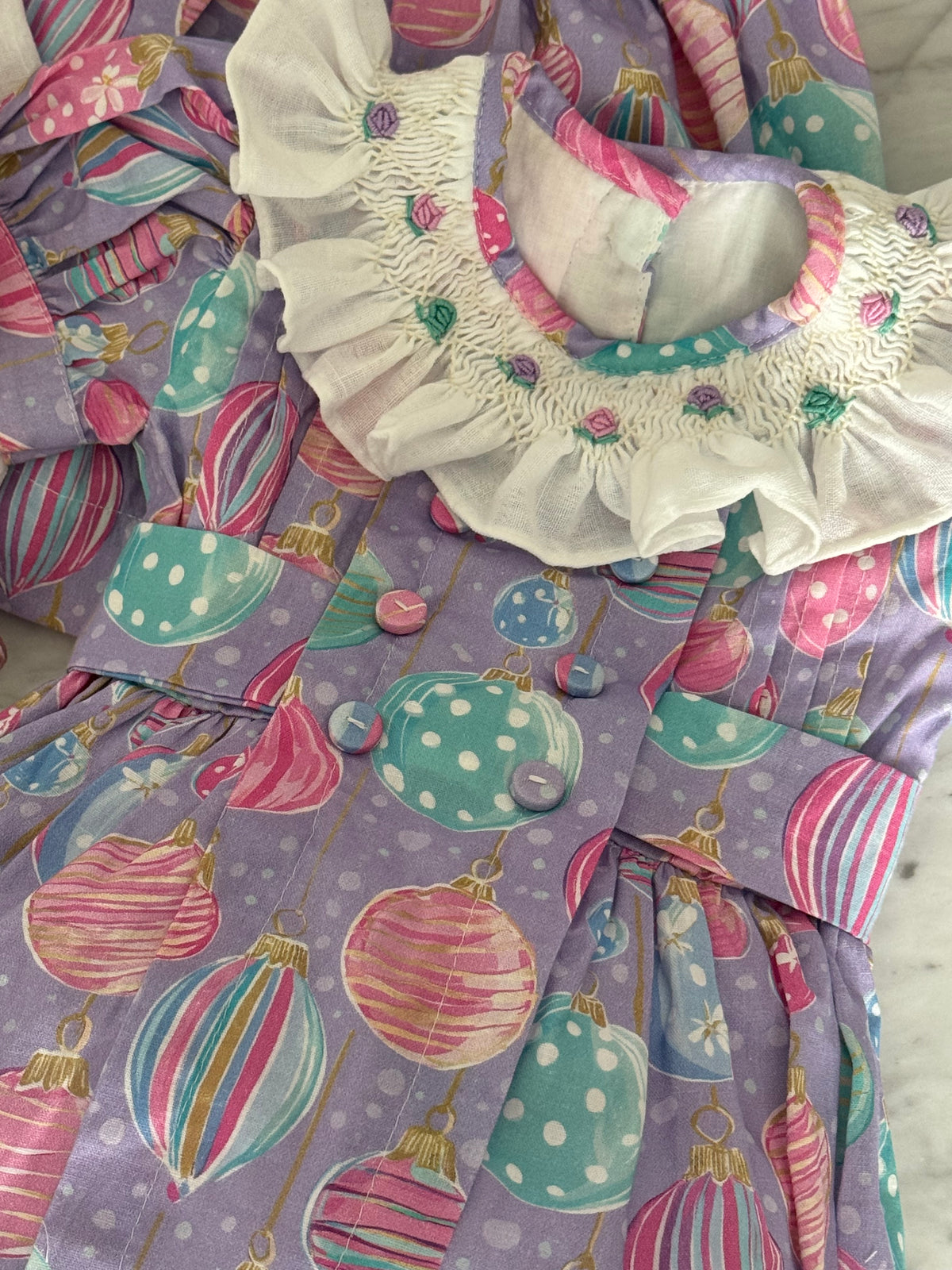 Close-up of pastel Christmas ornament fabric and bodice detailing on Gigi Ornaments Pastels 