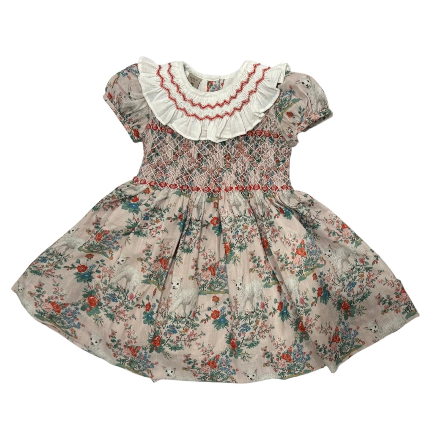 Lamb Red Floral Handsmocked Girl Dress in floral and lamb print with ruffled ivory collar