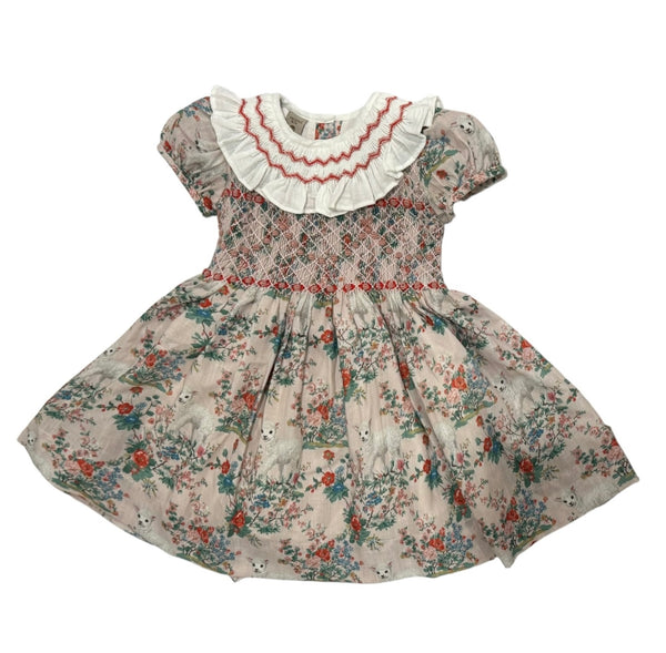 Lamb Red Floral  Handsmocked Girl Dress