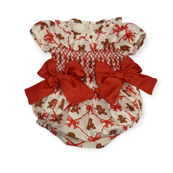 Gingerbread Cookie Red Bow Smocked Romper