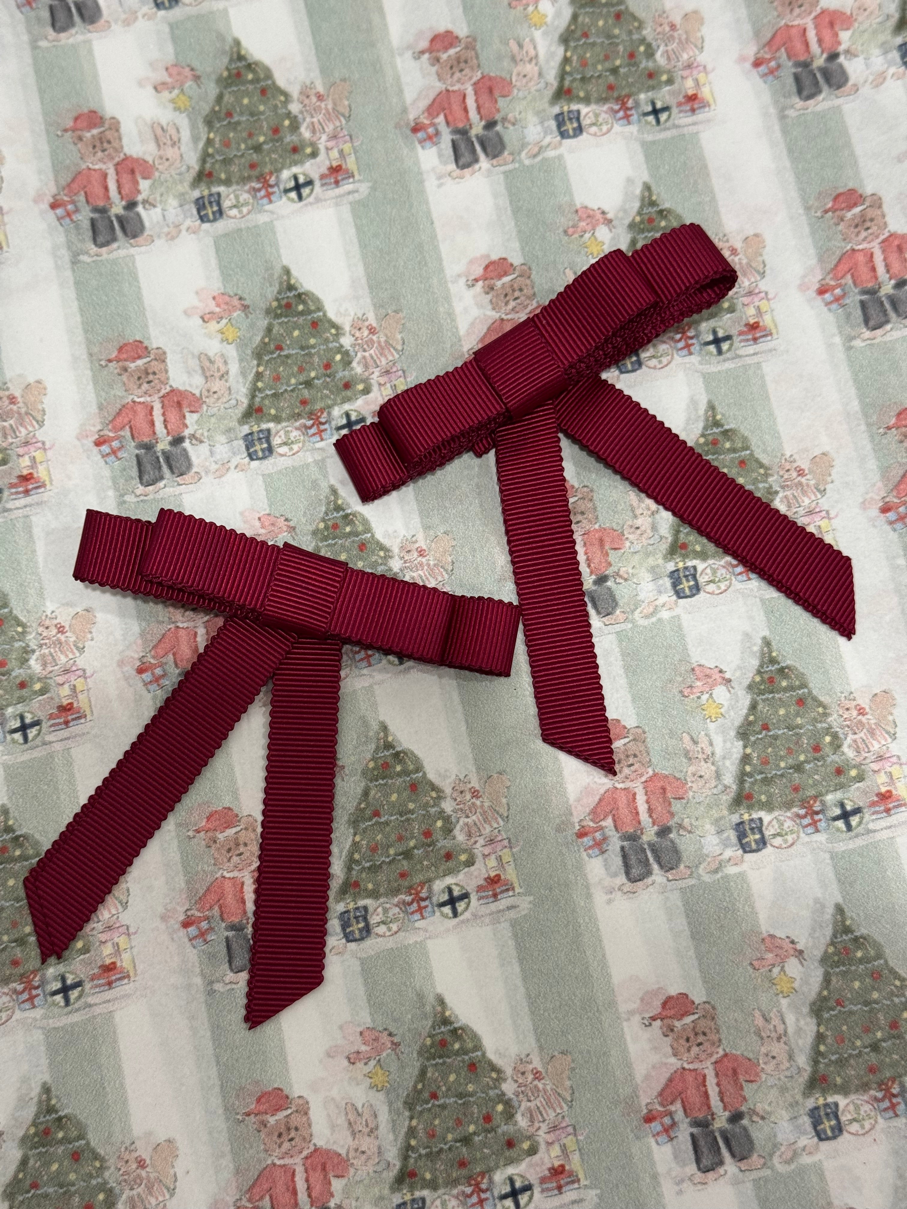 Grossgrain Burgundy Color Bows with scalloped edges and long ribbon tails 2