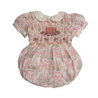 Birthday Pink Cake and Bows Romper with handsmocked cake and floral detailing