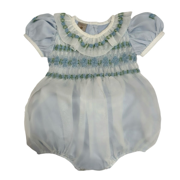 Storybook Light Blue Handsmocked and Handembroidered Organza Romper