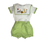 Party Animals Green French Knot 2-Piece Set with embroidered white shirt and green gingham shorts