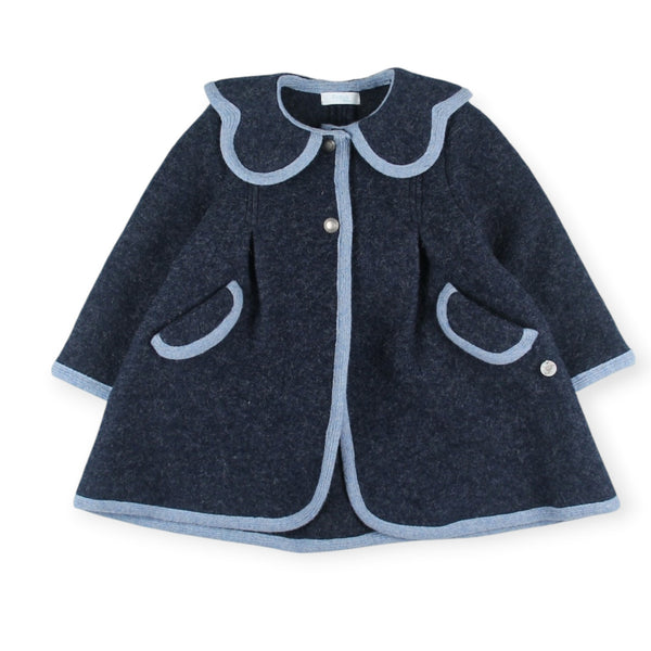 Louis Girl Navy Coat with white piping, rounded collar and front patch pockets