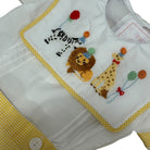 Close-up of colorful French knot safari animal embroidery on Party Animals boy shirt