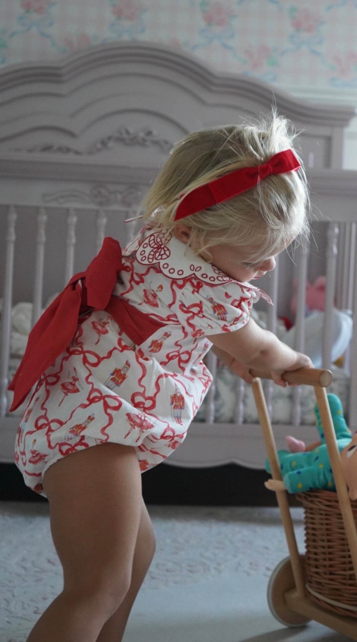 Girl wearing Nutcracker Red Embroidered Collar Bubble 3
