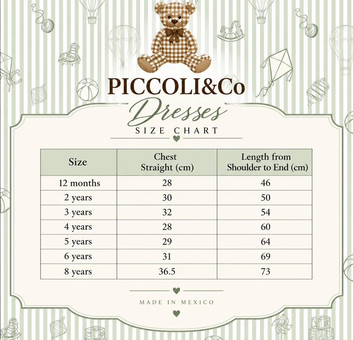 Piccoli&VCo dresses size  chart