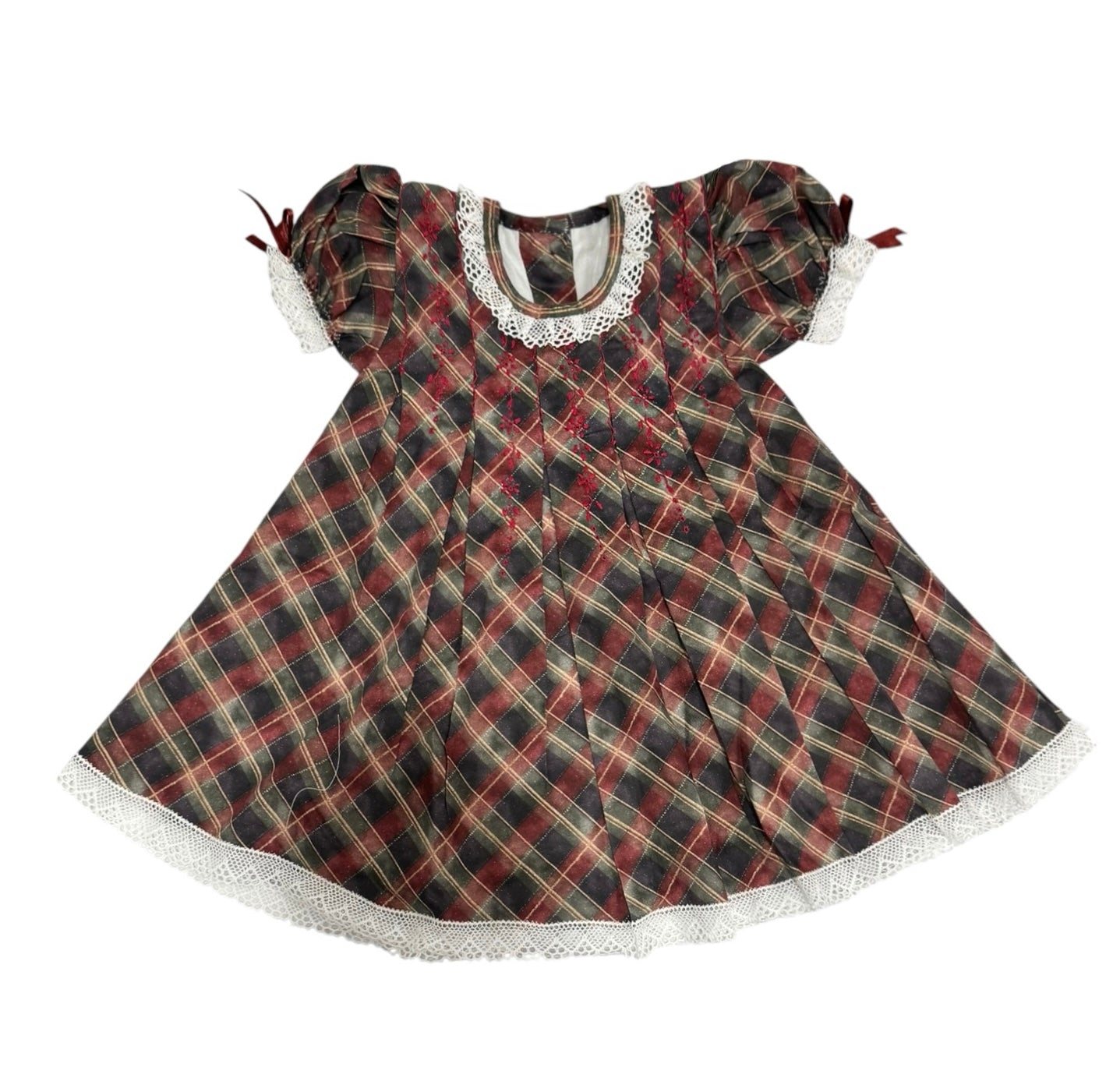 Tartan Luxe Handembroidered Girl Dress in burgundy, olive and warm neutral plaid with ivory lace trim