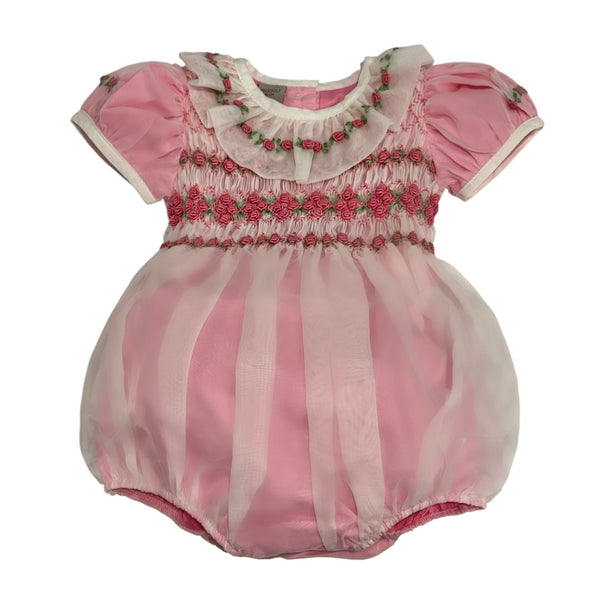 Storybook Hot Pink Handsmocked and Handembroidered Organza Romper