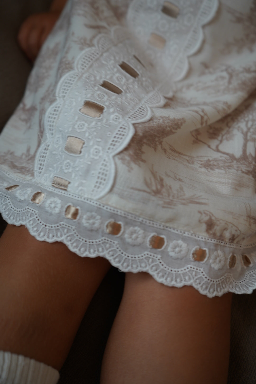 Close-up of ivory lace trim on TPWC Toile Beige Ribbon Dress