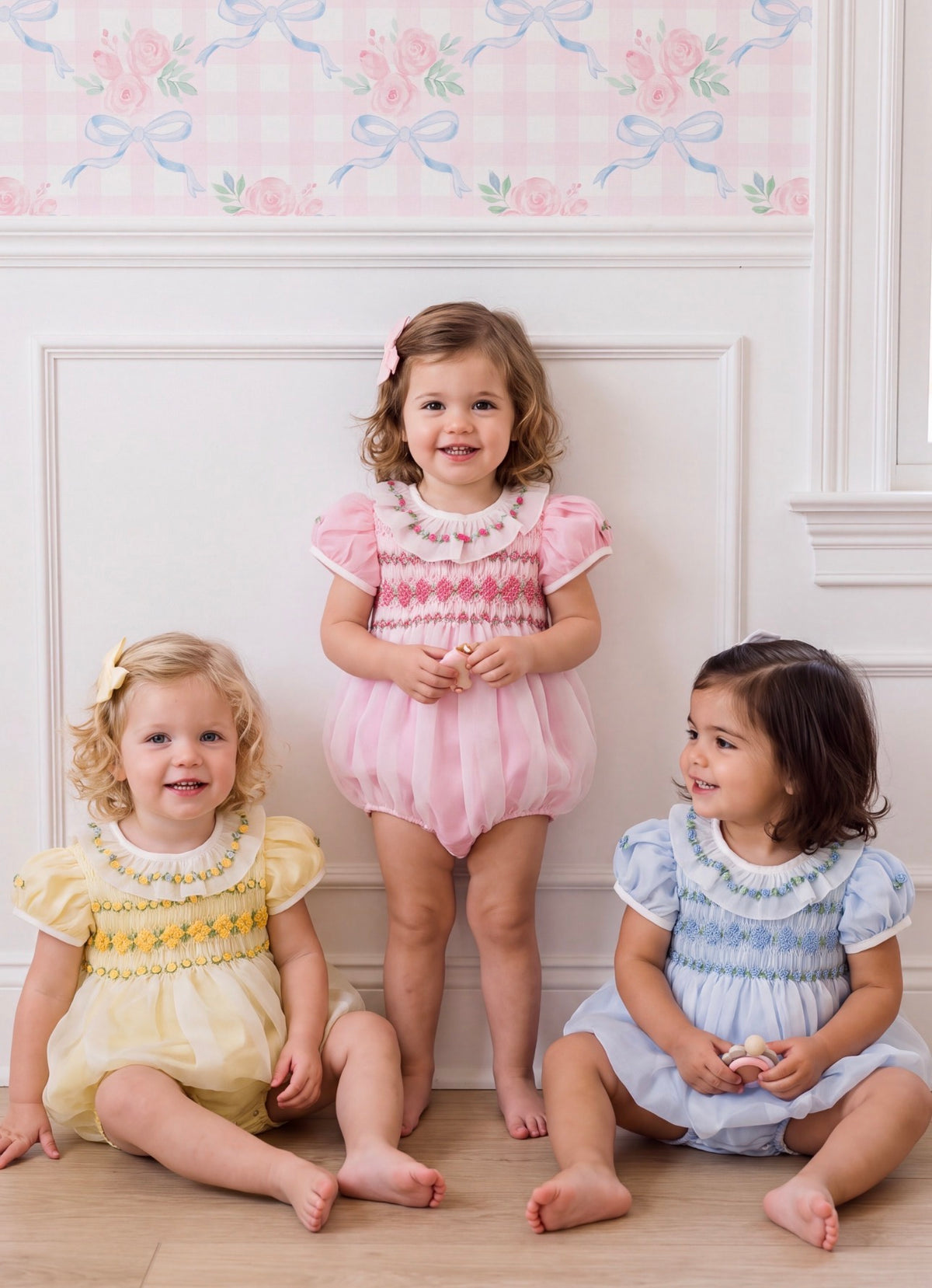 Girls wearing Storybook Light Blue Handsmocked Organza Romper