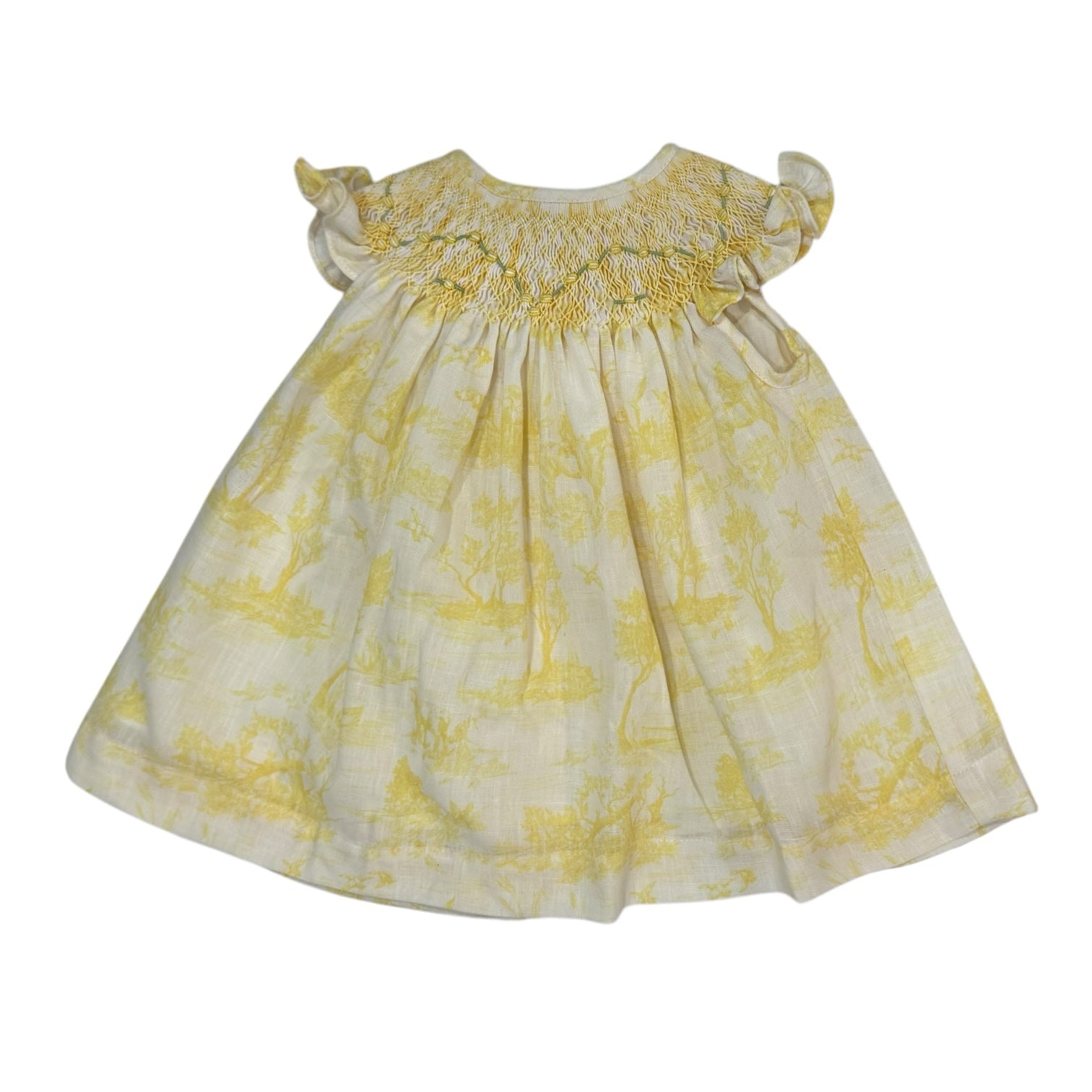 Stephanie Toile de Jouy Yellow Handsmocked Bishop Dress 36