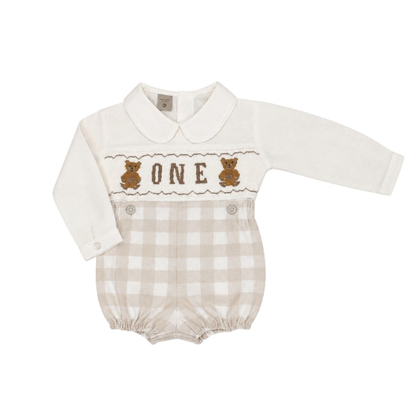 Vero Bear ONE Boy Beige Gingham Handsmocked Set