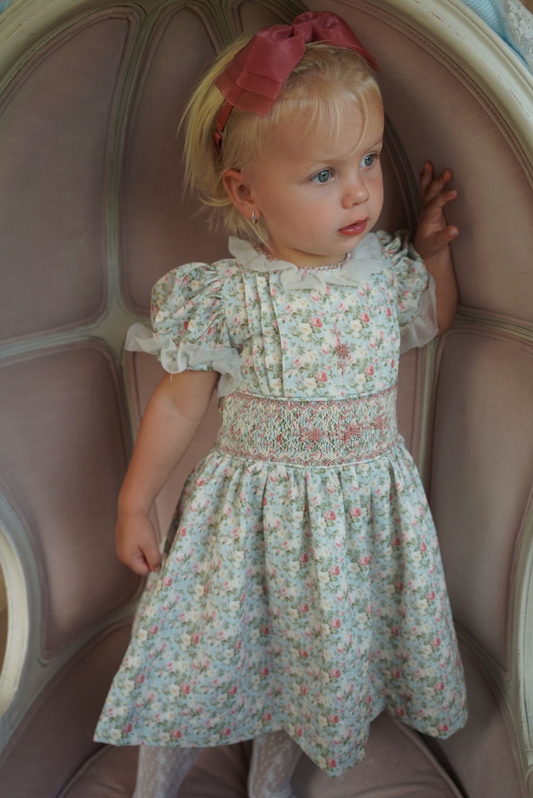 Girl wearing Nancy Vintage Shabby Chic Roses Handsmocked Dress