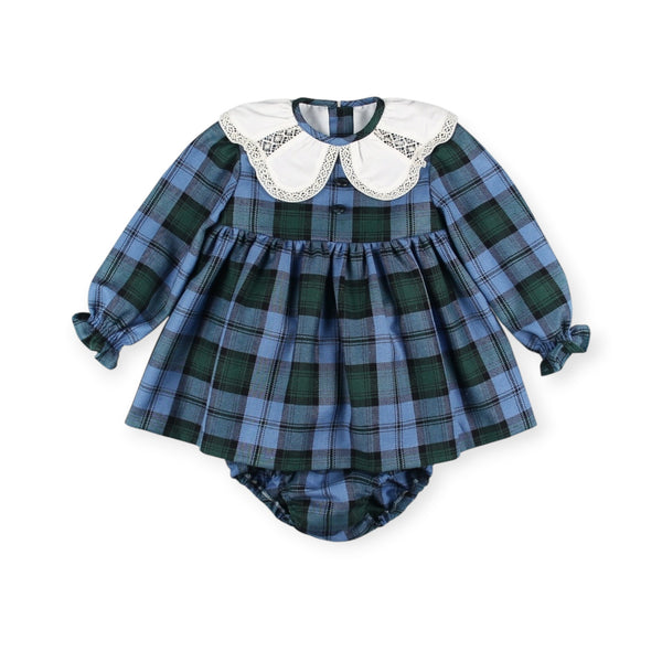 Granada Checkered Girl Blue and Green 2-Piece Set with white collar and matching bloomers