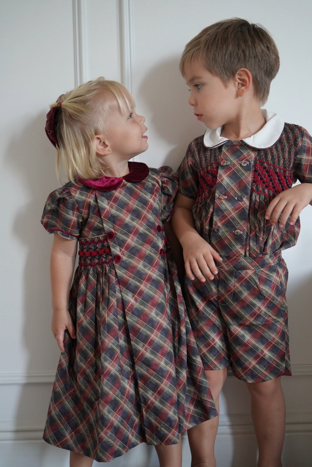 Children wearing coordinating Tartan Luxe Christmas outfits 2
