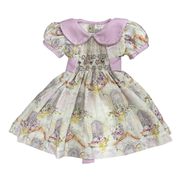 Little House Handsmocked Girl Dress with storybook house print and lavender accents