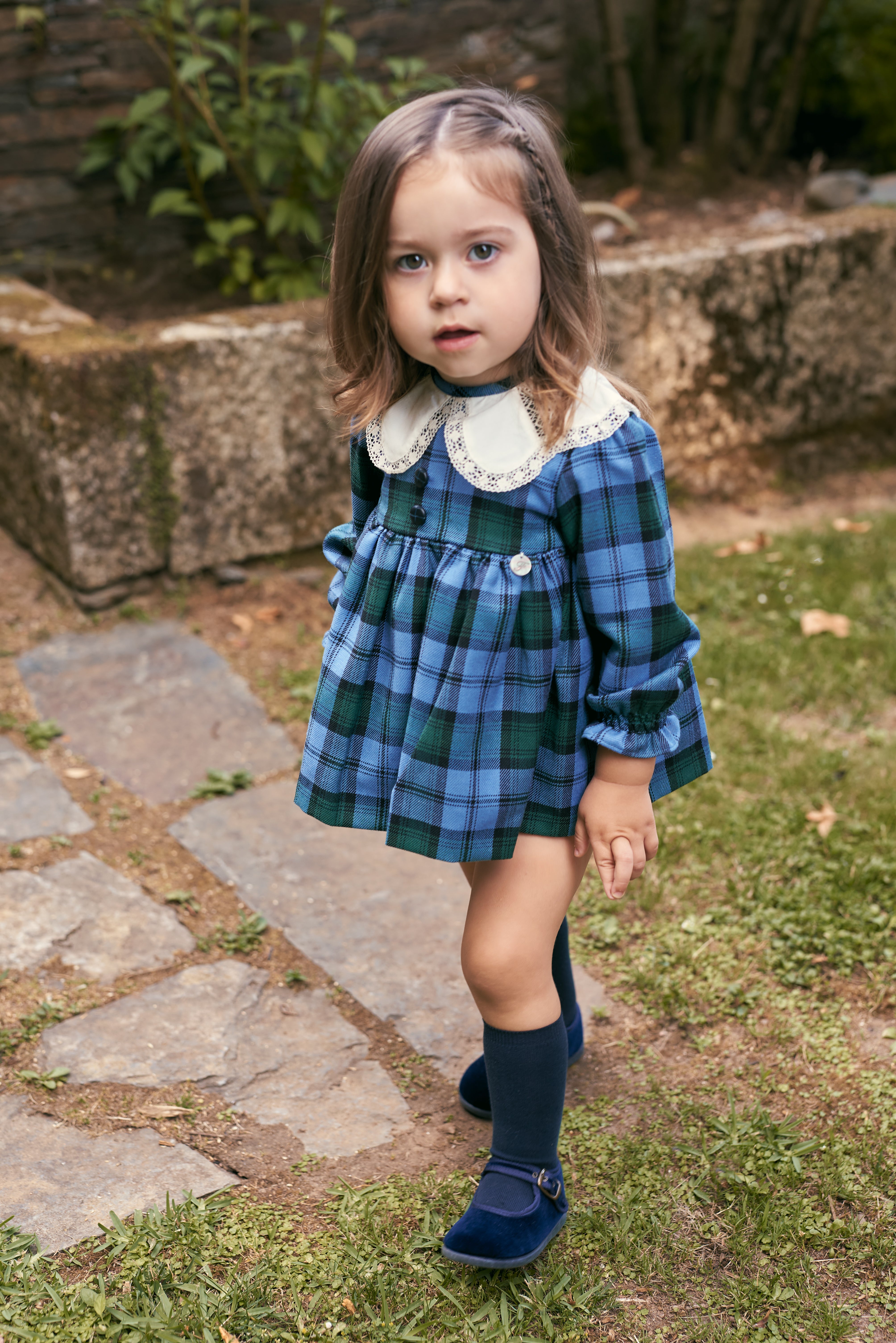 Girl wearing Granada Blue and Green Checkered 2-Piece Set