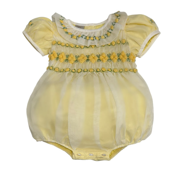 Storybook Yellow Handsmocked and Handembroidered Organza Romper
