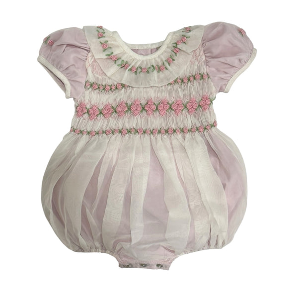 Storybook Pink Handsmocked and Handembroidered Organza Romper
