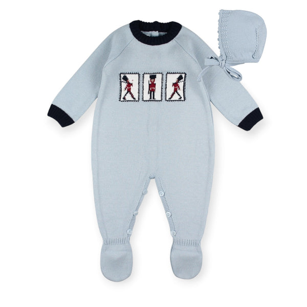Louis Boy Christmas Nutcracker Knitted Babygrow Set with light blue footie and matching bonnet