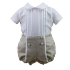 Gerardo Boys Camel and White 2-Piece Set with white pleated shirt and camel shorts