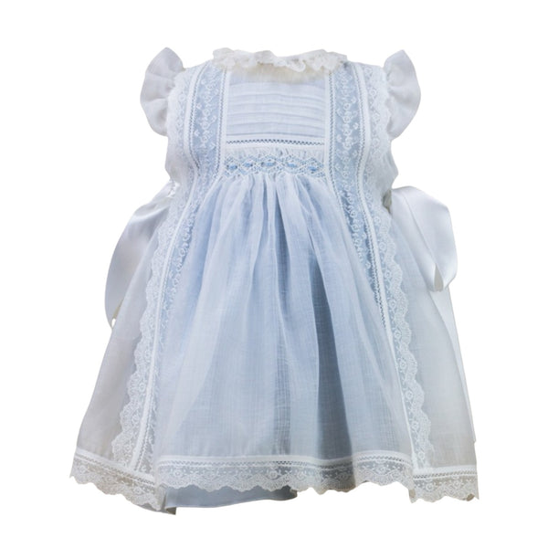 Addison Luxe Light Blue Handsmocked Dress with white satin bows and lace detailing