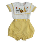 Party Animals Yellow French Knot 2-Piece Set with white embroidered shirt and yellow gingham shorts