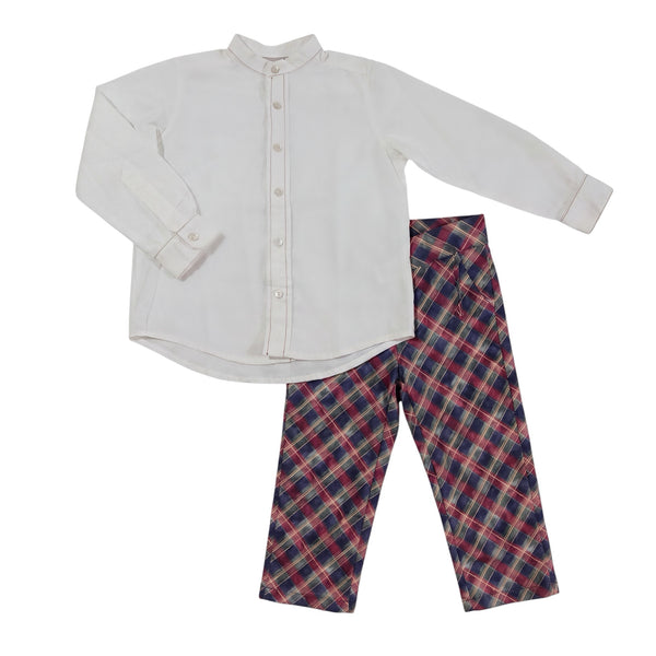 Tartan Luxe Boy Christmas Embroidered 2-Piece Set with ivory shirt and tartan pant