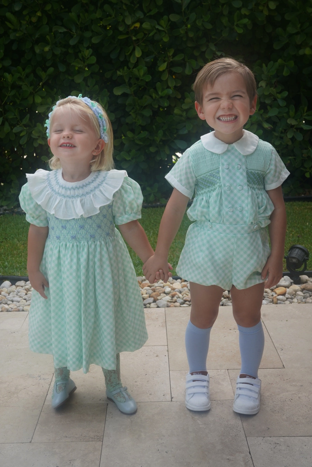 Children wearing coordinating Joe Green Gingham outfits