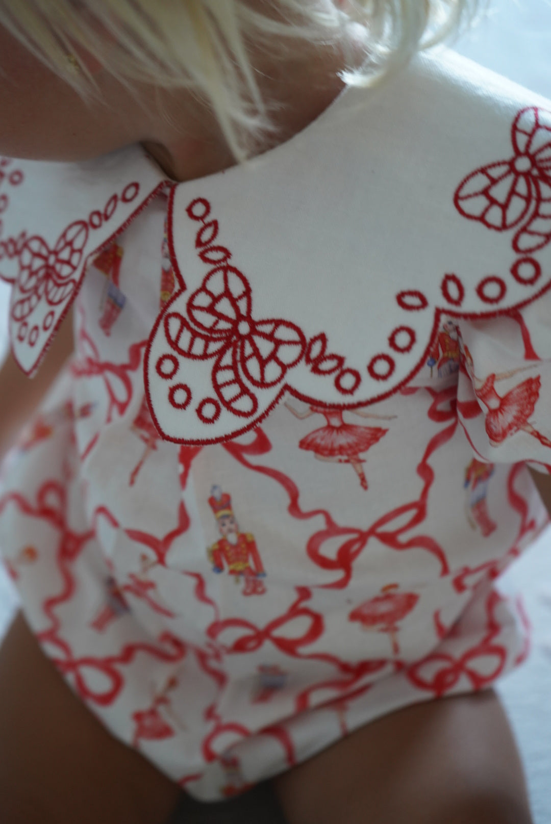 Close-up of nutcracker and ballerina embroidery on oversized collar