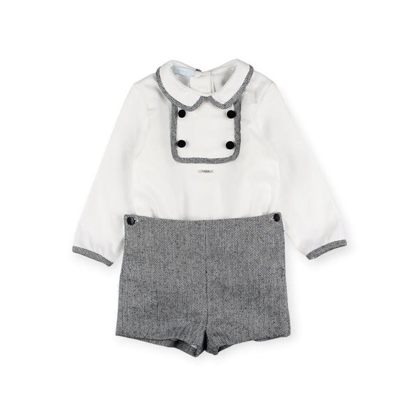 Rudolph Boy 2-Piece Set with white shirt, contrasting trim and grey shorts